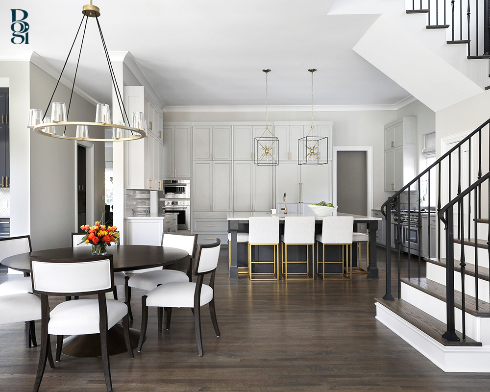 gorgeous updated kitchen with white and gray accents and dark wooden floor