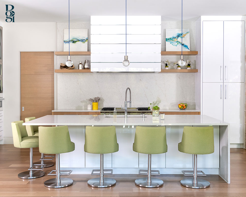 contemporary kitchen with green bar stools